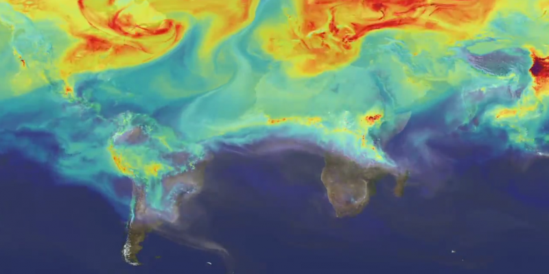 Carbon dioxide is represented by the red on this map. Carbon dioxide is represented by the red on this map.