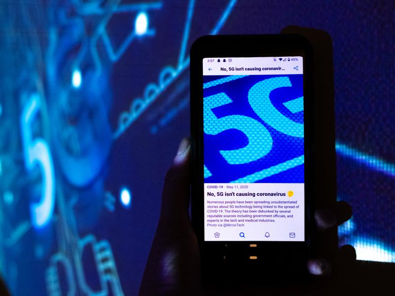 Open up any social media app on your phone and you'll see it: links to COVID-19 information from trustworthy sources. Here, a Twitter screen reads, "No, 5G isn't causing coronavirus." Open up any social media app on your phone and you'll see it: links to COVID-19 information from trustworthy sources. Here, a Twitter screen reads, "No, 5G isn't causing coronavirus."