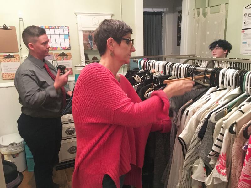 Tristan Vaught (left) and Nancy Dawson are the co-founders of clothing exchange Transform. A 17-year-old client Elliot Reed (far right) was the first customer when the space opened. Tristan Vaught (left) and Nancy Dawson are the co-founders of clothing exchange Transform. A 17-year-old client Elliot Reed (far right) was the first customer when the space opened.