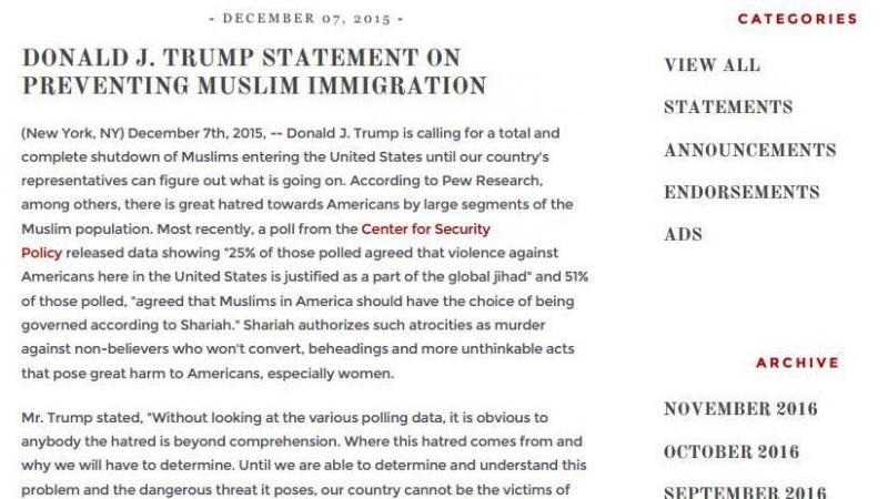 An exhibit in Washington state's lawsuit cited President Trump's plan to ban Muslims, a pledge made in December of 2015. An exhibit in Washington state's lawsuit cited President Trump's plan to ban Muslims, a pledge made in December of 2015.