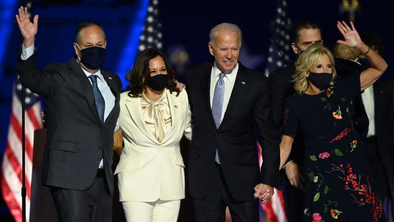 Incoming President Biden and Vice President Harris stand with their respective spouses Jill Biden and Doug Emhoff after delivering remarks in Wilmington, Del., on Nov. 7, the day the Democrats were declared the winners in the 2020 election. Incoming President Biden and Vice President Harris stand with their respective spouses Jill Biden and Doug Emhoff after delivering remarks in Wilmington, Del., on Nov. 7, the day the Democrats were declared the winners in the 2020 election.