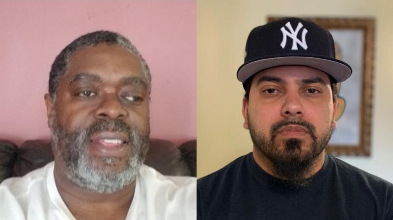 New York City MTA bus operators Tyrone Hampton (left) and Frank de Jesus spoke last week about how the coronavirus pandemic has affected their work. They talked during a remote StoryCorps conversation. New York City MTA bus operators Tyrone Hampton (left) and Frank de Jesus spoke last week about how the coronavirus pandemic has affected their work. They talked during a remote StoryCorps conversation.