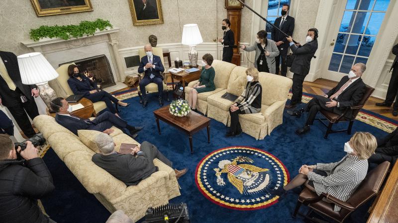 President Biden and Vice President Harris meet Monday evening in the Oval Office with 10 Republican senators, including Mitt Romney of Utah, Susan Collins of Maine and Lisa Murkowski of Alaska, to discuss COVID-19 relief proposals. President Biden and Vice President Harris meet Monday evening in the Oval Office with 10 Republican senators, including Mitt Romney of Utah, Susan Collins of Maine and Lisa Murkowski of Alaska, to discuss COVID-19 relief proposals.