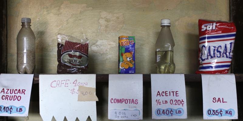 Sugar, coffee, fruit juice for babies, oil and salt inside a market subsidized by the government in Havana on July 11, 2013. Sugar, coffee, fruit juice for babies, oil and salt inside a market subsidized by the government in Havana on July 11, 2013.