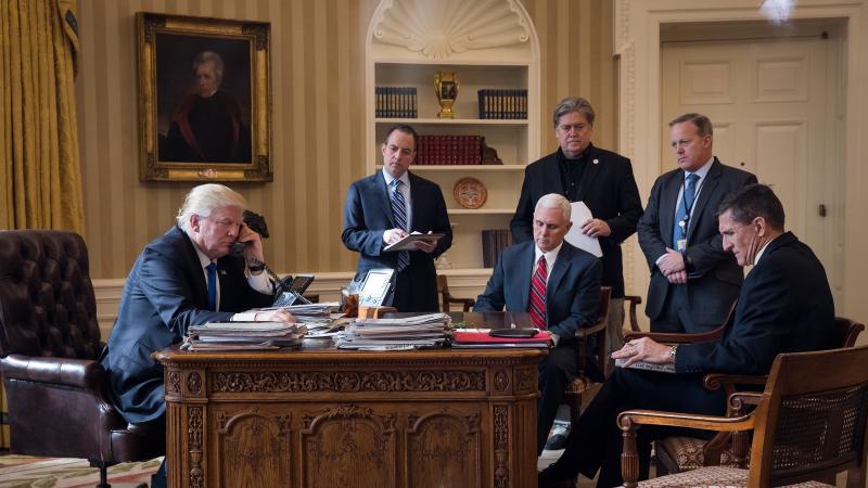 President Trump speaks on the phone in January with Russian President Vladimir Putin, joined by top White House figures Reince Priebus (from left), Vice President Pence, Steve Bannon, Sean Spicer and Michael Flynn. Only Pence remains. President Trump speaks on the phone in January with Russian President Vladimir Putin, joined by top White House figures Reince Priebus (from left), Vice President Pence, Steve Bannon, Sean Spicer and Michael Flynn. Only Pence remains.