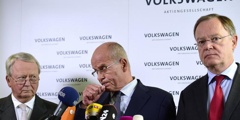 Volkswagen board members Wolfgang Porsche (from left), Berthold Huber and Stephan Weil attend a news conference to announce Martin Winterkorn's decision to resign as Volkswagen CEO on Sept. 23, in Wolfsburg, Germany. Volkswagen board members Wolfgang Porsche (from left), Berthold Huber and Stephan Weil attend a news conference to announce Martin Winterkorn's decision to resign as Volkswagen CEO on Sept. 23, in Wolfsburg, Germany.