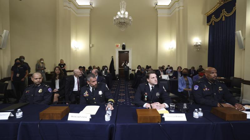 From left: U.S. Capitol Police officer Aquilino Gonell, Washington Metropolitan Police Department officer Michael Fanone, Washington Metropolitan Police Department officer Daniel Hodges and U.S. Capitol Police officer Harry Dunn arrive to testify at the H From left: U.S. Capitol Police officer Aquilino Gonell, Washington Metropolitan Police Department officer Michael Fanone, Washington Metropolitan Police Department officer Daniel Hodges and U.S. Capitol Police officer Harry Dunn arrive to testify at the H