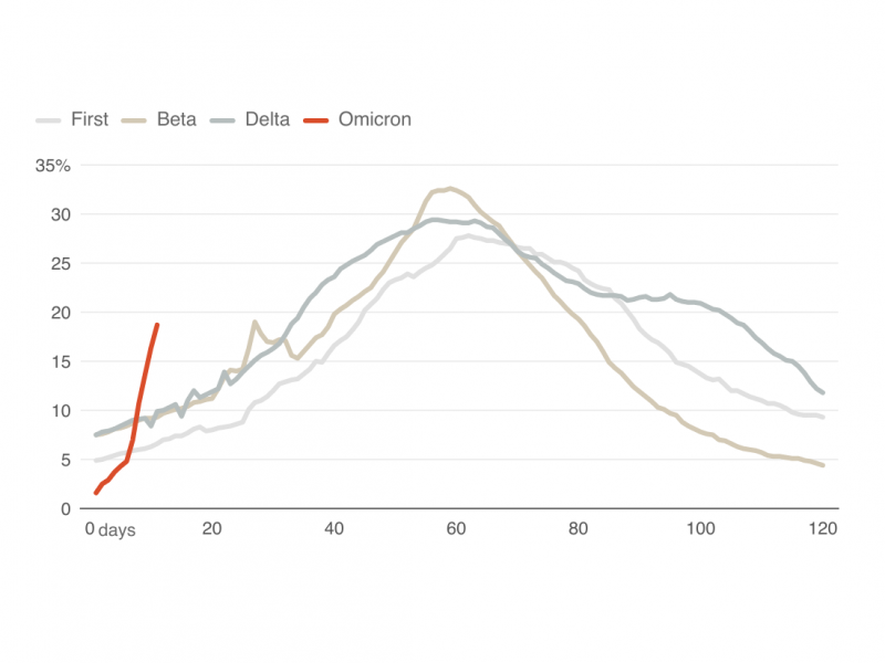 A line chart showing the rapid rise of COVID-19 test positivity driven by the omicron variant. A line chart showing the rapid rise of COVID-19 test positivity driven by the omicron variant.