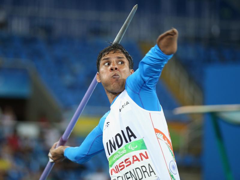 Devendra Jhajharia of India competes in the javelin throw at the 2016 Paralympic Games. The gold medal winner lost his left arm in an accident when he was 8. Devendra Jhajharia of India competes in the javelin throw at the 2016 Paralympic Games. The gold medal winner lost his left arm in an accident when he was 8.