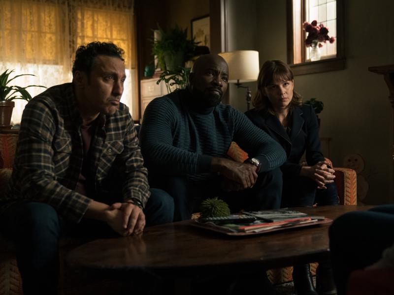 Aasif Mandvi as Ben Shakir, Mike Colter as David Acosta, and Katja Herbers as Kristen Bouchard in Evil Aasif Mandvi as Ben Shakir, Mike Colter as David Acosta, and Katja Herbers as Kristen Bouchard in Evil
