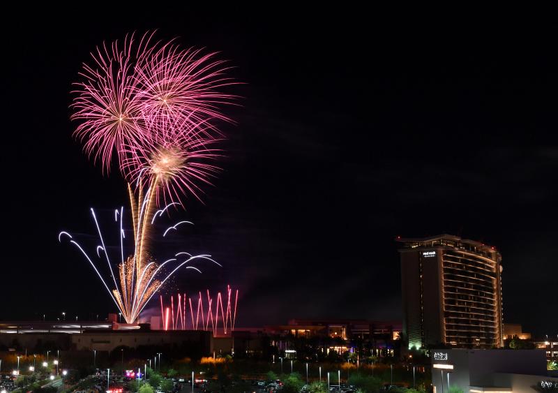 Fireworks explode during a show in Las Vegas on July 4, 2020. Fireworks explode during a show in Las Vegas on July 4, 2020.