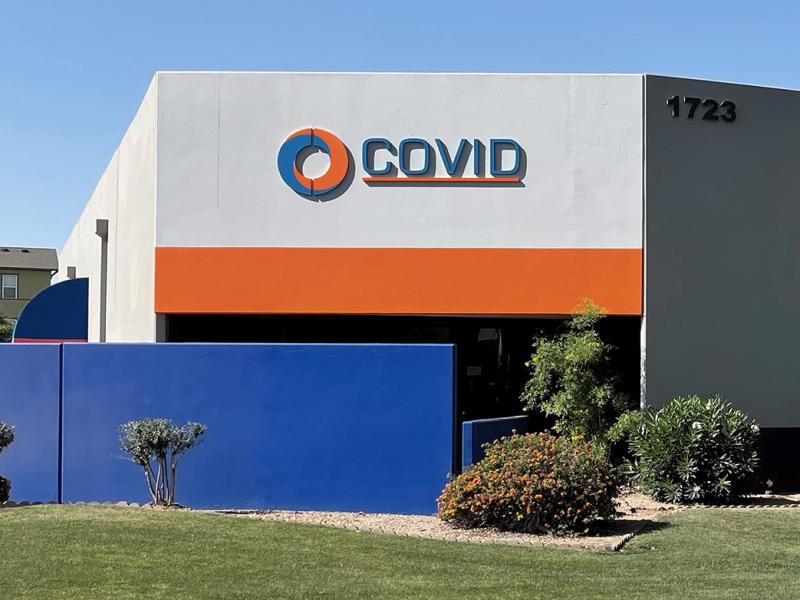 Covid Inc. in Tempe, Ariz., has been selling audiovisual equipment for decades. CEO Norm Carson says people sometimes come in to the building looking for a COVID-19 test. Covid Inc. in Tempe, Ariz., has been selling audiovisual equipment for decades. CEO Norm Carson says people sometimes come in to the building looking for a COVID-19 test.