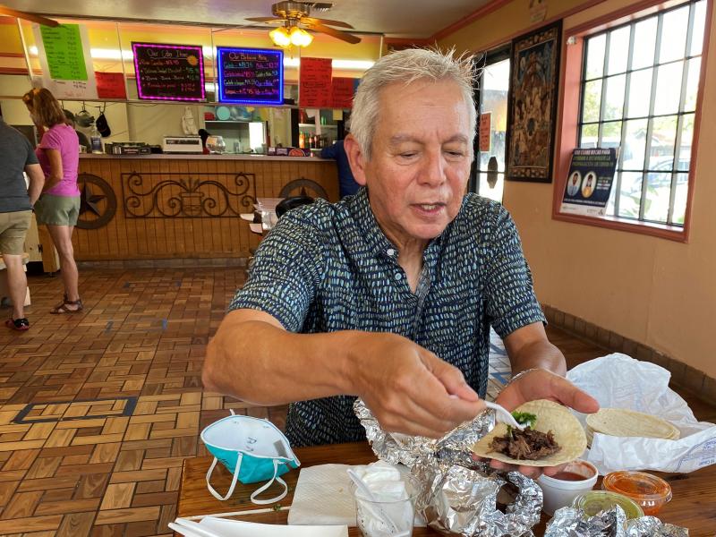 Adán Medrano, chef and food writer, savors a beef cheek taco at Vera's Backyard Bar-B-Que in Texas' Rio Grande Valley. Adán Medrano, chef and food writer, savors a beef cheek taco at Vera's Backyard Bar-B-Que in Texas' Rio Grande Valley.