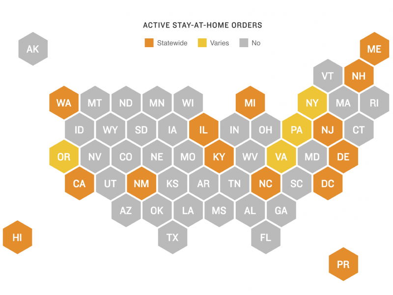 States with active stay-at-home orders (as of May 20) States with active stay-at-home orders (as of May 20)