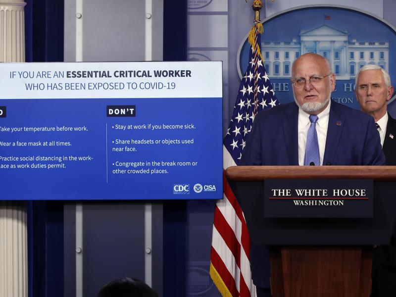 Dr. Robert Redfield, director of the Centers for Disease Control and Prevention, announced new guidelines on Wednesday for critical infrastructure workers who may have been exposed to the coronavirus to return to work. Dr. Robert Redfield, director of the Centers for Disease Control and Prevention, announced new guidelines on Wednesday for critical infrastructure workers who may have been exposed to the coronavirus to return to work.