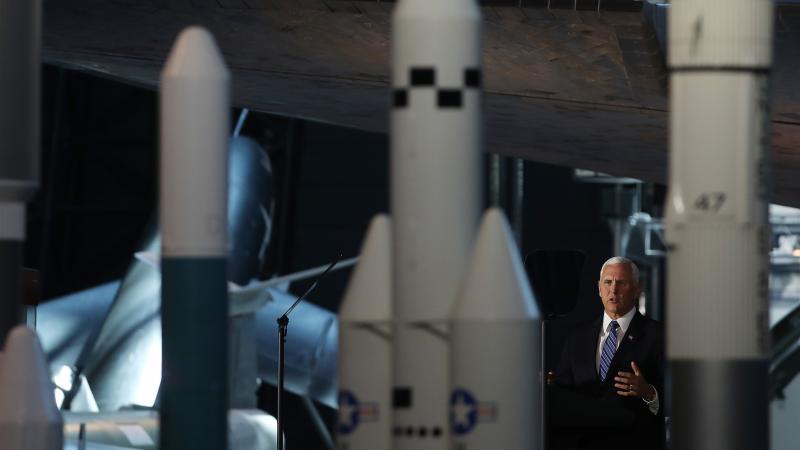 Vice President Pence speaks during a meeting of the National Space Council last week in Chantilly, Va. Pence and President Trump have pushed hard for the establishment of a separate Space Force — and they hope the revival of U.S. Space Command will help Vice President Pence speaks during a meeting of the National Space Council last week in Chantilly, Va. Pence and President Trump have pushed hard for the establishment of a separate Space Force — and they hope the revival of U.S. Space Command will help