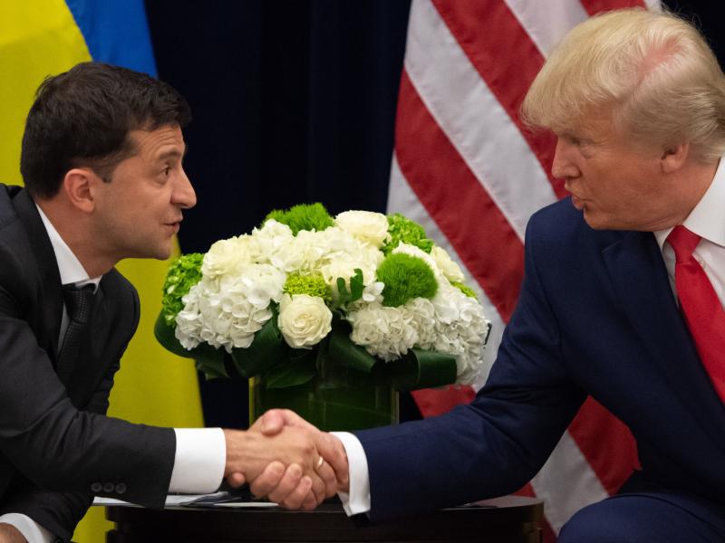 President Trump and Ukrainian President Volodymyr Zelenskiy shake hands during a meeting in New York on Sept. 25, on the sidelines of the United Nations General Assembly. President Trump and Ukrainian President Volodymyr Zelenskiy shake hands during a meeting in New York on Sept. 25, on the sidelines of the United Nations General Assembly.