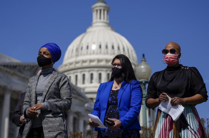 Reps. Ilhan Omar (from left), Rashida Tlaib and Ayanna Pressley, seen here at a news conference last month outside the U.S. Capitol, are among those calling on the Biden administration to lift the cap on refugees. Reps. Ilhan Omar (from left), Rashida Tlaib and Ayanna Pressley, seen here at a news conference last month outside the U.S. Capitol, are among those calling on the Biden administration to lift the cap on refugees.