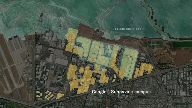 Map showing simulated floodwaters near Google's Sunnyvale campus Map showing simulated floodwaters near Google's Sunnyvale campus