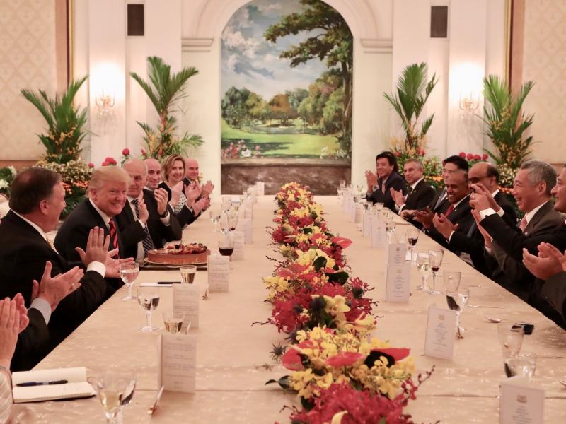 President Trump participates in a working luncheon hosted by Singapore's Prime Minister Lee Hsien Loong in Singapore on Monday. Officials from both delegations also attended the luncheon. President Trump participates in a working luncheon hosted by Singapore's Prime Minister Lee Hsien Loong in Singapore on Monday. Officials from both delegations also attended the luncheon.