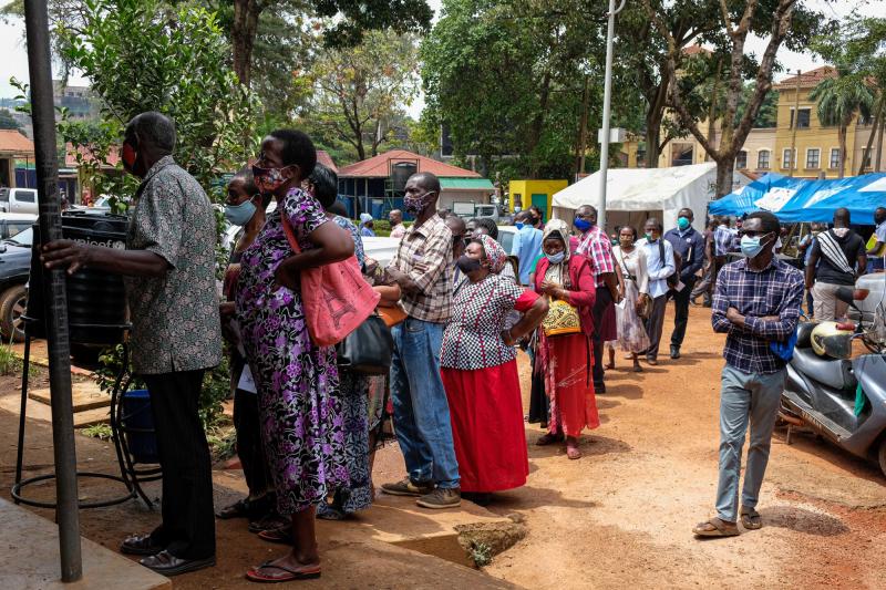 People line up last week to receive COVID-19 vaccines in Kampala, Uganda, after weeks of no supply. In Uganda, only 2.2% of the population had received one dose of a vaccine as of Aug. 15. People line up last week to receive COVID-19 vaccines in Kampala, Uganda, after weeks of no supply. In Uganda, only 2.2% of the population had received one dose of a vaccine as of Aug. 15.