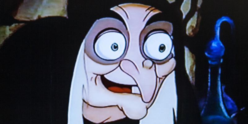 Disney's Snow White has a scene in which the beautiful queen/stepmother turns into an old hag. Scholar Maria Tatar says it's "probably more frightening for adults than children because it compresses the aging process into about 20 seconds." Disney's Snow White has a scene in which the beautiful queen/stepmother turns into an old hag. Scholar Maria Tatar says it's "probably more frightening for adults than children because it compresses the aging process into about 20 seconds."