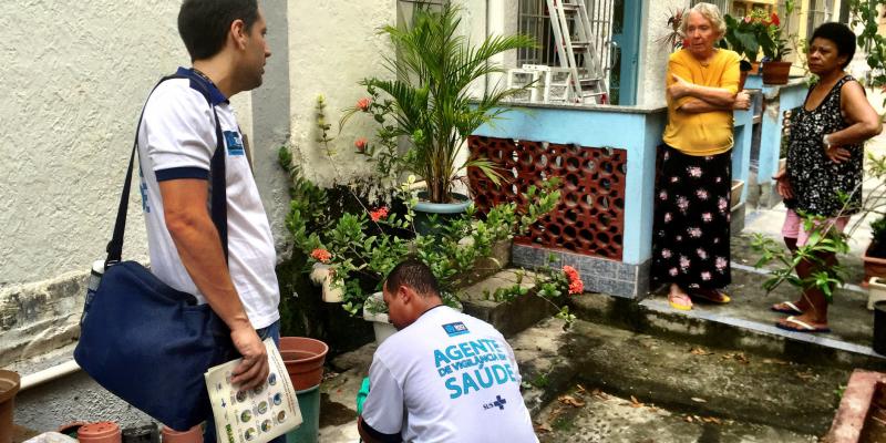 Health inspectors collect samples of mosquito larvae from standing water in a garden in a middle-class neighborhood in the north of Rio de Janeiro. They are searching for places where the Aedes aegypti mosquito breeds — that's the one that carries Zika Health inspectors collect samples of mosquito larvae from standing water in a garden in a middle-class neighborhood in the north of Rio de Janeiro. They are searching for places where the Aedes aegypti mosquito breeds — that's the one that carries Zika