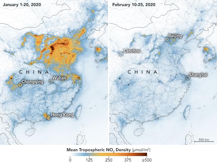 February satellite readings in the troposphere (the lower atmosphere) of nitrogen dioxide (NO2), a pollutant primarily from burning fossil fuels, show a dramatic decline compared to early January when power plants were operating at normal levels. February satellite readings in the troposphere (the lower atmosphere) of nitrogen dioxide (NO2), a pollutant primarily from burning fossil fuels, show a dramatic decline compared to early January when power plants were operating at normal levels.
