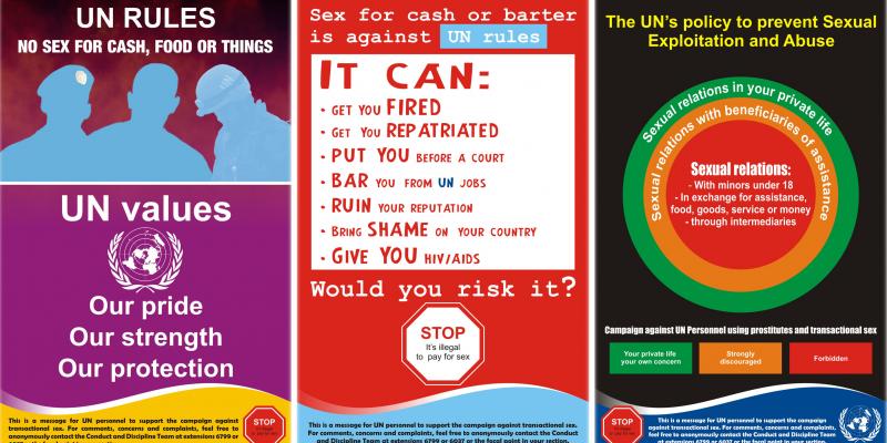 These U.N. posters remind staff that sex for cash or barter is prohibited. These U.N. posters remind staff that sex for cash or barter is prohibited.