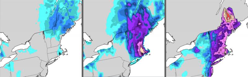 A comparison of how the old and upgraded U.S. global weather forecast models predicted the "bomb cyclone" that hit the Northeast U.S. in January 2018. The old NOAA model (left) estimated a smaller amount of snowfall than what actually happened (right). Th A comparison of how the old and upgraded U.S. global weather forecast models predicted the "bomb cyclone" that hit the Northeast U.S. in January 2018. The old NOAA model (left) estimated a smaller amount of snowfall than what actually happened (right). Th