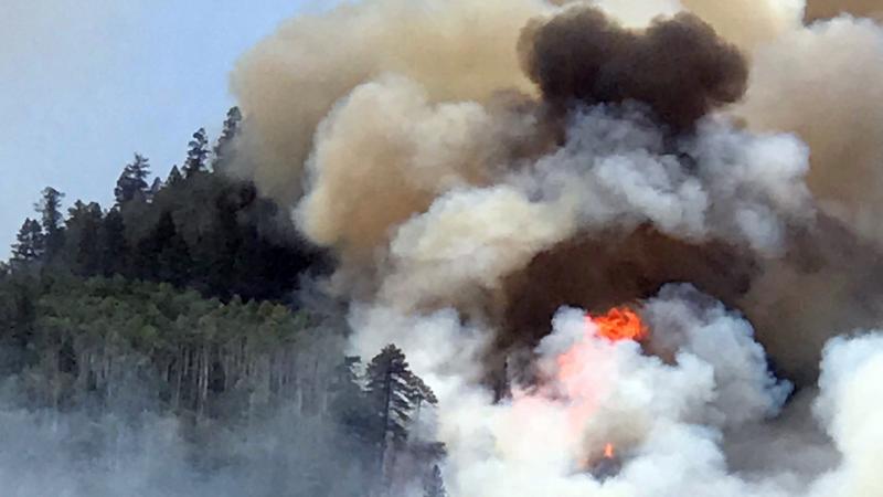 Flames and smoke billow skyward as a wildfire burns near Durango, Colo. on June 7, 2018. The 416 Fire continued to burn more than 27,000 acres Wednesday morning, causing the closure of a nearby national forest. Flames and smoke billow skyward as a wildfire burns near Durango, Colo. on June 7, 2018. The 416 Fire continued to burn more than 27,000 acres Wednesday morning, causing the closure of a nearby national forest.