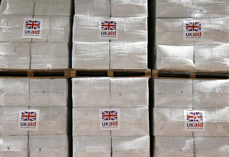 Boxes of aid items are stored at a disaster response center at Cotswold Airport in the United Kingdom. Boxes of aid items are stored at a disaster response center at Cotswold Airport in the United Kingdom.