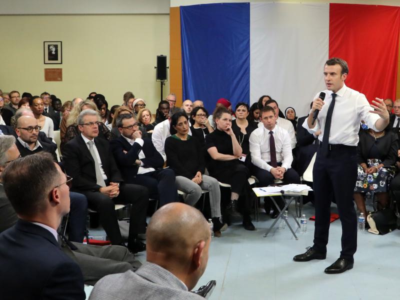 French president Emmanuel Macron takes part in a meeting in Évry-Courcouronnes on Feb. 4. French president Emmanuel Macron takes part in a meeting in Évry-Courcouronnes on Feb. 4.