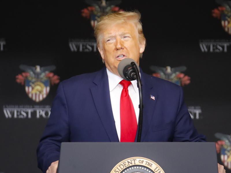 President Donald Trump speaks to United States Military Academy graduating cadets during commencement ceremonies. President Donald Trump speaks to United States Military Academy graduating cadets during commencement ceremonies.