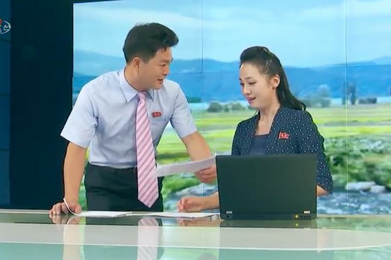 In this episode last September of News From Soldiers' Hometowns, an evening show on North Korea's Korean Central Television, the show's anchor is interrupted by a presenter who walks on with papers in hand to deliver an update. In this episode last September of News From Soldiers' Hometowns, an evening show on North Korea's Korean Central Television, the show's anchor is interrupted by a presenter who walks on with papers in hand to deliver an update.