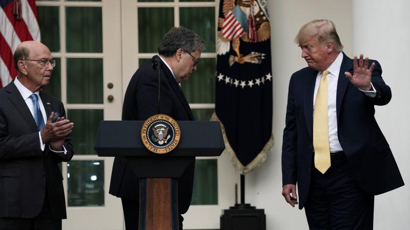 President Trump departs a July 2019 press conference on the census with U.S. Attorney General William Barr (center) and Commerce Secretary Wilbur Ross in the White House Rose Garden. President Trump departs a July 2019 press conference on the census with U.S. Attorney General William Barr (center) and Commerce Secretary Wilbur Ross in the White House Rose Garden.