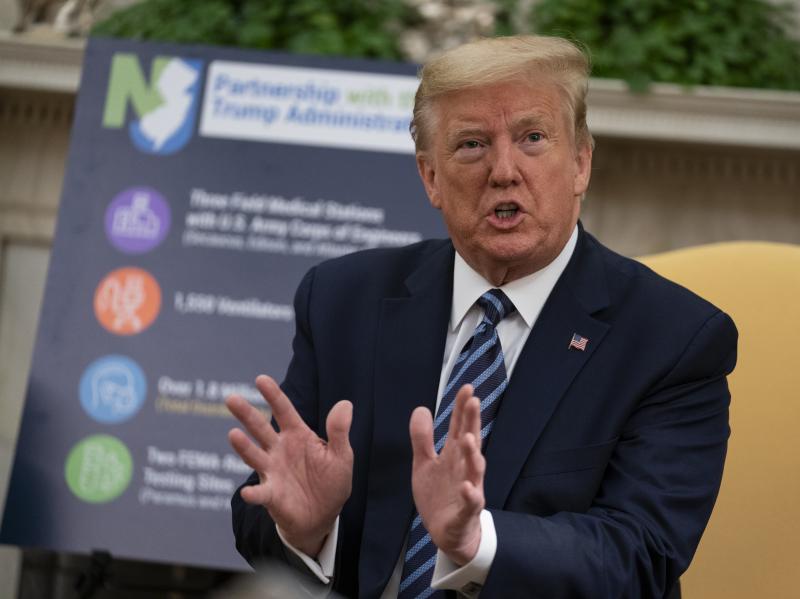 President Donald Trump speaks during a meeting about the coronavirus response with Gov. Phil Murphy, D-N.J., in the Oval Office on April 30. President Donald Trump speaks during a meeting about the coronavirus response with Gov. Phil Murphy, D-N.J., in the Oval Office on April 30.