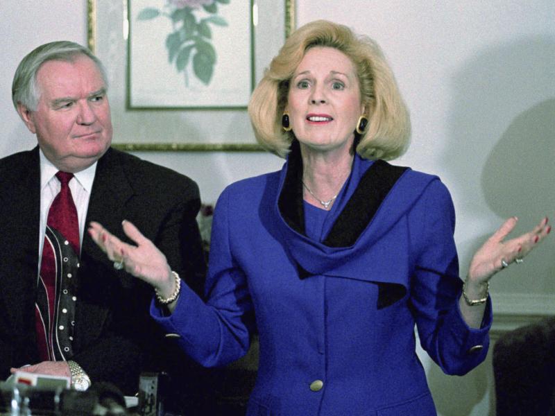 In this March 2, 1995 file photo, Word of Faith Fellowship church leader Jane Whaley talks to members of the media, accompanied by her husband, Sam, in Spindale, N.C. In this March 2, 1995 file photo, Word of Faith Fellowship church leader Jane Whaley talks to members of the media, accompanied by her husband, Sam, in Spindale, N.C.