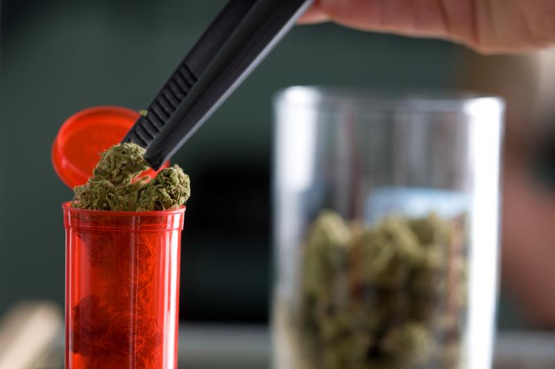 Maryland now offers the country's first master's degree in the study of the science and therapeutics of cannabis. Pictured, an employee places a bud into a bottle for a customer at a weed dispensary in Denver, Colo. Maryland now offers the country's first master's degree in the study of the science and therapeutics of cannabis. Pictured, an employee places a bud into a bottle for a customer at a weed dispensary in Denver, Colo.