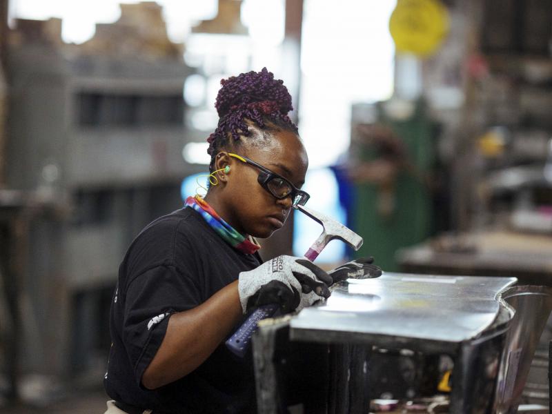 Sheet metal worker Carey Mercer assembles ductwork at Contractors Sheet Metal on Aug. 3, 2021, in New York. New York City and Washington, D.C., are among the cities in which young women earn more than young men, a Pew Research Center study found. Sheet metal worker Carey Mercer assembles ductwork at Contractors Sheet Metal on Aug. 3, 2021, in New York. New York City and Washington, D.C., are among the cities in which young women earn more than young men, a Pew Research Center study found.