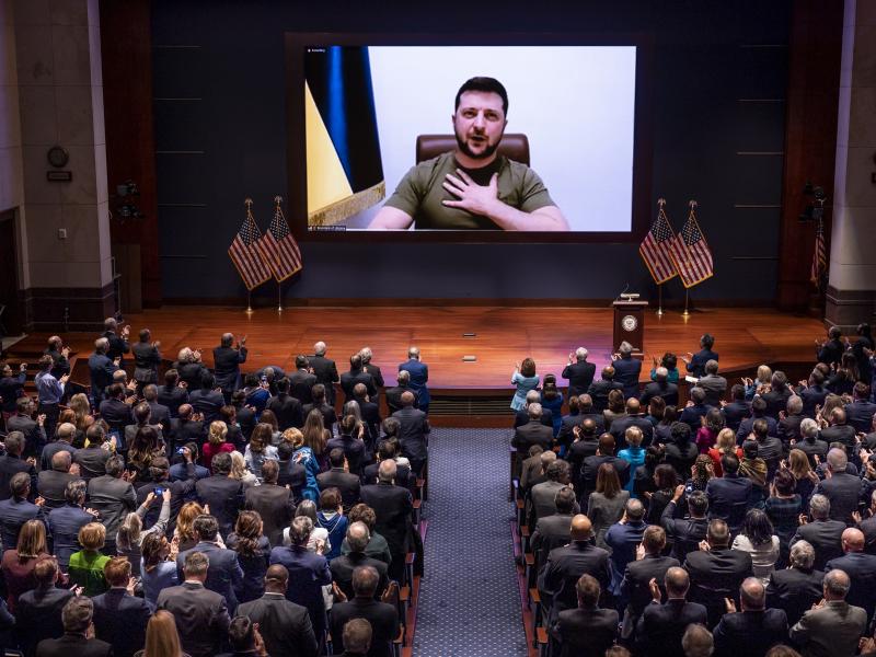 Ukrainian President Volodymyr Zelenskyy speaks to the U.S. Congress by video at the Capitol on March 16, 2022, to plead for support for his besieged country. Ukrainian President Volodymyr Zelenskyy speaks to the U.S. Congress by video at the Capitol on March 16, 2022, to plead for support for his besieged country.
