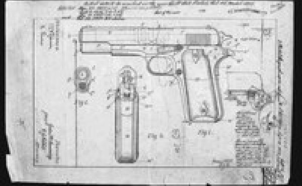 Firearms designer John Browning submitted this design for the M1911 pistol to the U.S. Patent Office in September 1910. Firearms designer John Browning submitted this design for the M1911 pistol to the U.S. Patent Office in September 1910.
