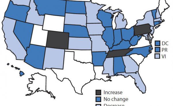 This map from the CDC shows decreases (light blue) and increases (gray) in obesity prevalence among low-income, preschool-aged children from 2008-2011. This map from the CDC shows decreases (light blue) and increases (gray) in obesity prevalence among low-income, preschool-aged children from 2008-2011.