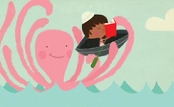 Illustration: A little boy in a boat reads a book as the boat is picked up by an octopus. Illustration: A little boy in a boat reads a book as the boat is picked up by an octopus.