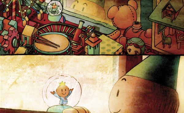 A small, child-like creature in a cone hat peers into a toy shop, happy at the sight of a snow globe, in a vignette called "Tininess" in Darkness Outside the Night, a graphic novel illustrated by Xie Peng. Find out what happens in the excerpt below. A small, child-like creature in a cone hat peers into a toy shop, happy at the sight of a snow globe, in a vignette called "Tininess" in Darkness Outside the Night, a graphic novel illustrated by Xie Peng. Find out what happens in the excerpt below.