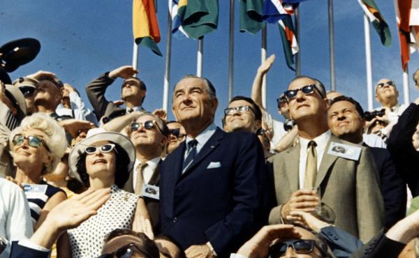Vice President Spiro Agnew (right) and former President Lyndon Johnson view the liftoff of Apollo 11 from the stands at the Kennedy Space Center on July 16, 1969. Vice President Spiro Agnew (right) and former President Lyndon Johnson view the liftoff of Apollo 11 from the stands at the Kennedy Space Center on July 16, 1969.