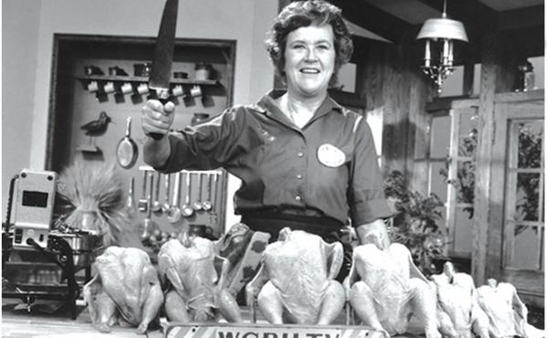 Julia Child poses with "the chicken sisters" before an episode of The French Chef in which she teaches us how to roast a bird. Julia Child poses with "the chicken sisters" before an episode of The French Chef in which she teaches us how to roast a bird.
