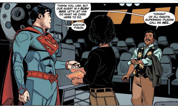 From Action Comics 14, Neil deGrasse Tyson greets Superman to help him with a problem. From Action Comics 14, Neil deGrasse Tyson greets Superman to help him with a problem.