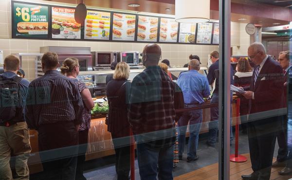 Diners wait in line at a Subway sandwich shop on September 15, 2015 in Chicago, Ill. Subway will serve antibiotic-free turkey and chicken by the end of 2016, but it may take nine years for its suppliers of beef and pork to go antibiotic-free as well. Diners wait in line at a Subway sandwich shop on September 15, 2015 in Chicago, Ill. Subway will serve antibiotic-free turkey and chicken by the end of 2016, but it may take nine years for its suppliers of beef and pork to go antibiotic-free as well.