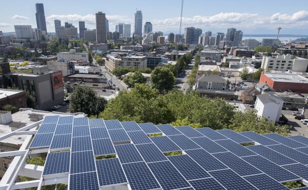 Photovoltaic cells on the office building's roof. Photovoltaic cells on the office building's roof.